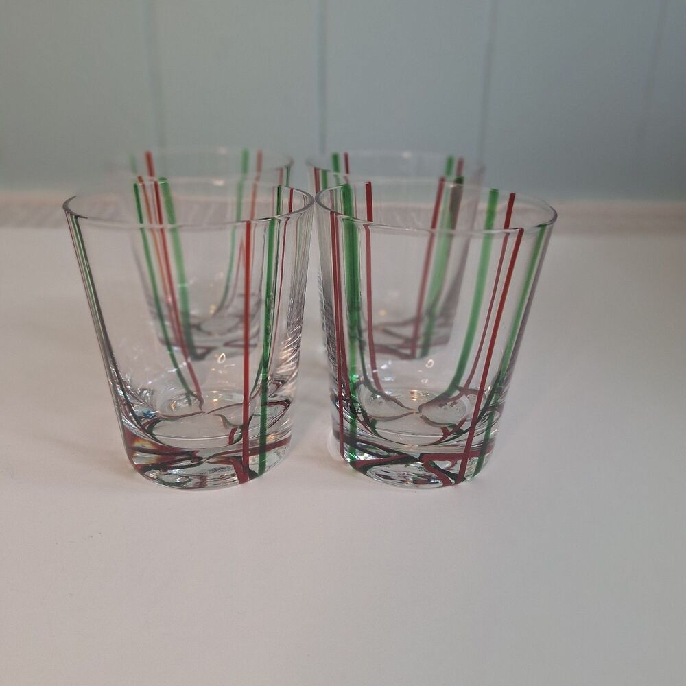 4 Hand Blown Drinking Glasses Block Yuletide Red Green Party Holiday Art Deco